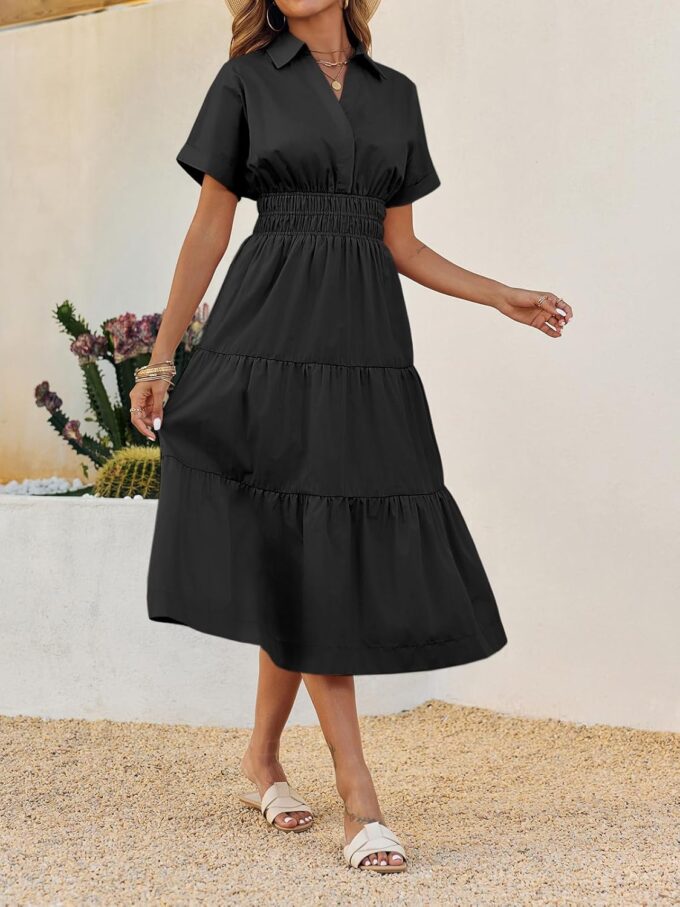 Wenrine Womens Summer Short Sleeve Maxi Dresses Casual V Neck Smocked Loose Tiered Flowy Shirt Dress with Pockets – Bild 3