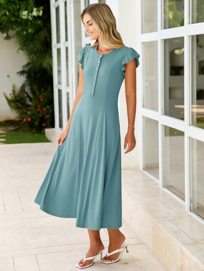 Simplee Womens Summer Casual Dress - Short Sleeve Button Crewneck A-Line Flowy Fit and Flare Beach Midi Dress – Bild 2