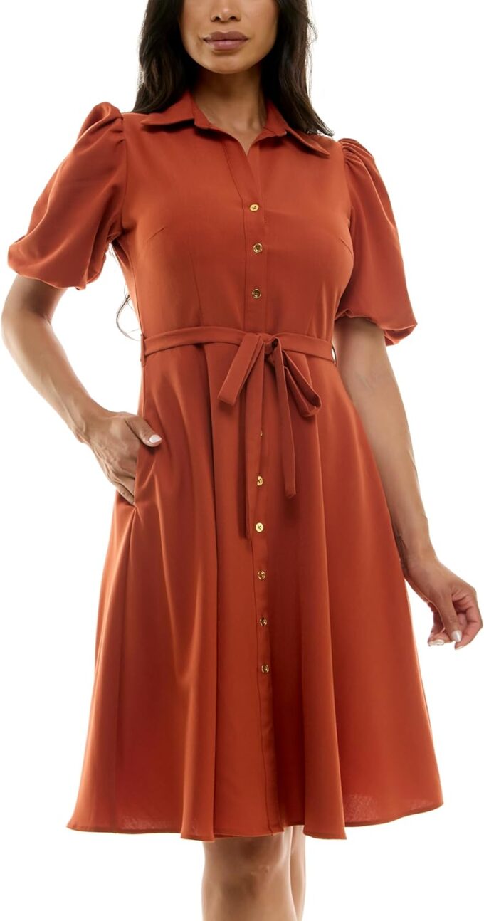 Sharagano Women's Sharkskin Button to Hem Shirtdress with a Blouson Sleeve, Pockets and Self Tie Belt – Bild 2
