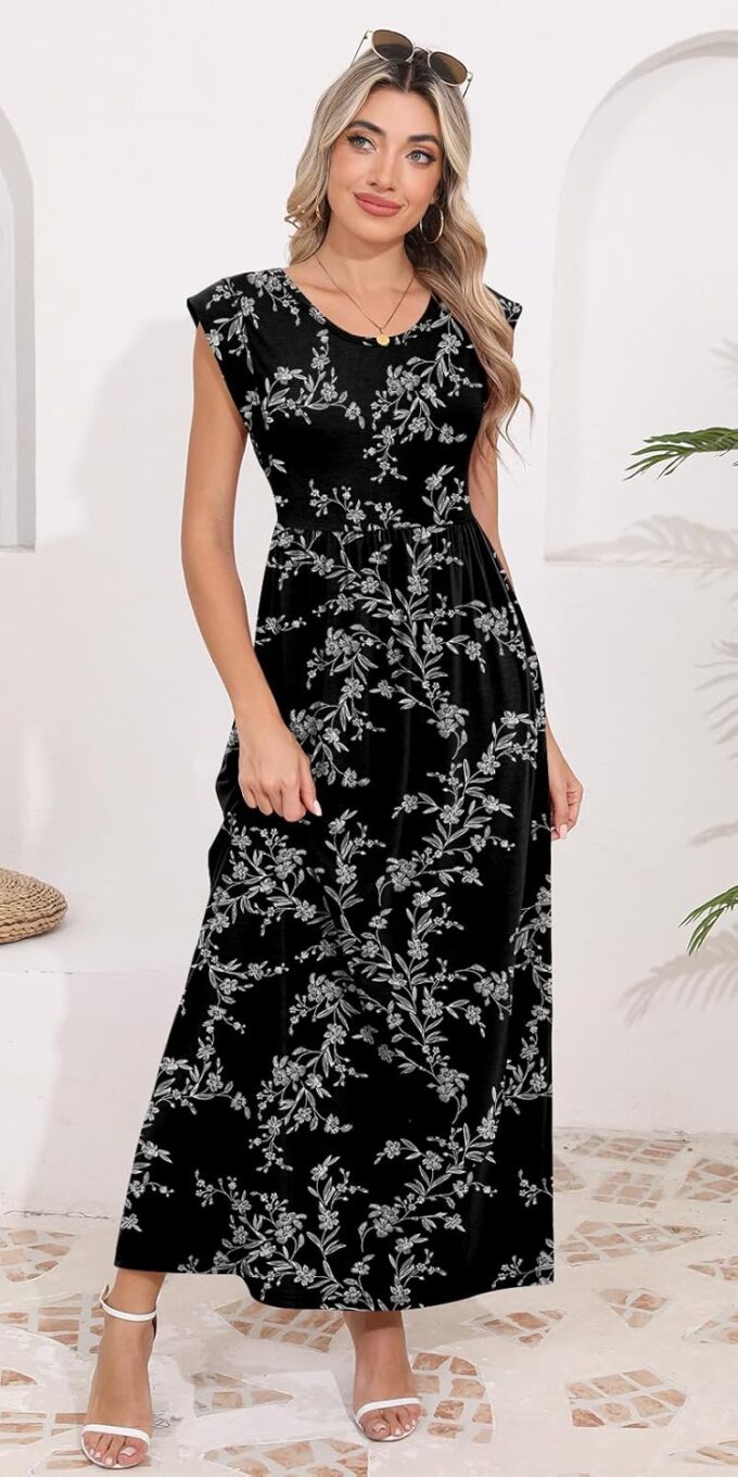 DB MOON Womens 2025 Maxi Dresses Empire Waist Long Summer Dress Casual Cap Short Sleeve Sundress with Pockets – Bild 4