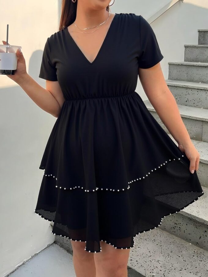 ZNU Plus Size Women’s Cocktail Dresses Studded Draped Double Hem Prom Dress Elegant V-Neck Short Sleeve A-Linen Dresses – Bild 3
