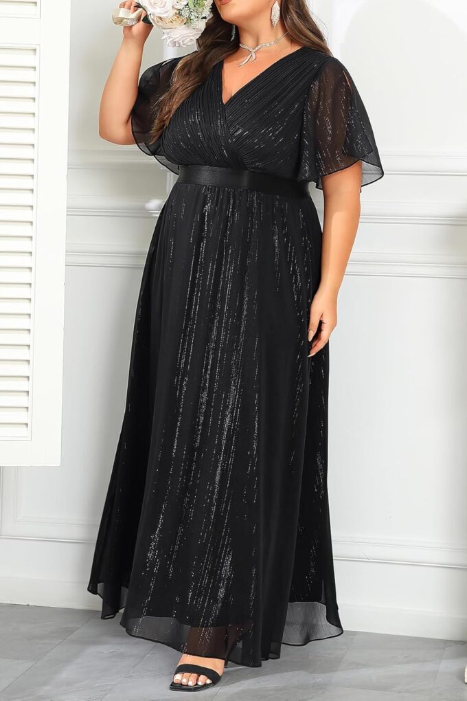 Plus Size Formal Dress - Chiffon V Neck Bridesmaid Wedding Guest Party Short Sleeve A-Line Floor Length Dresses – Bild 4