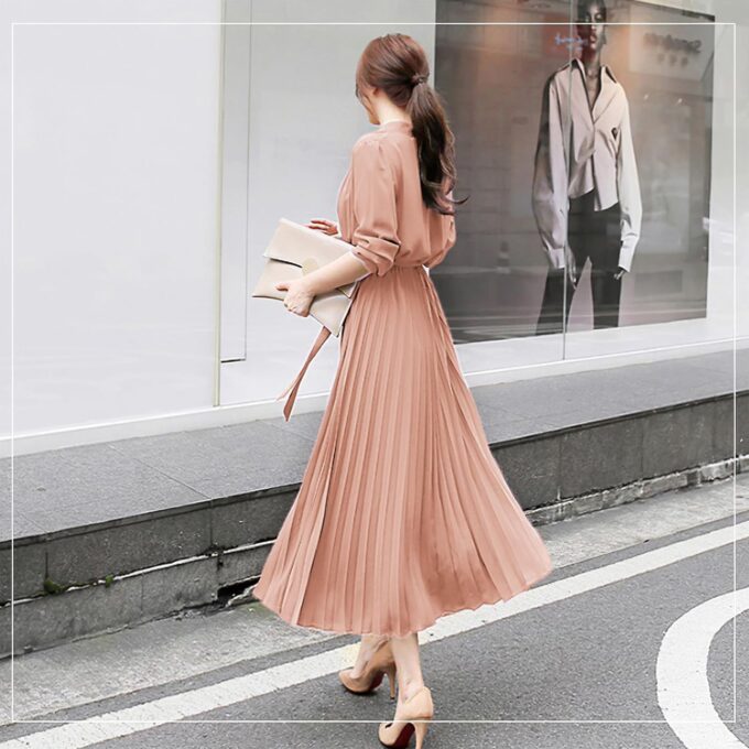 Womens Pleated Long Sleeve Loose Dress Casual Maxi Dresses with Tie Waist – Bild 3