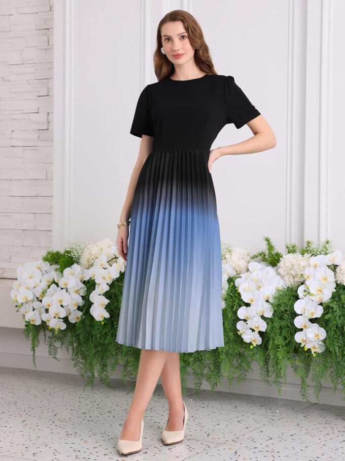 Hobemty Damen Kurzarm Plissee Kleid 2025 Frühling Trendy Büro Arbeit A-Linie Midi Kleider – Bild 2