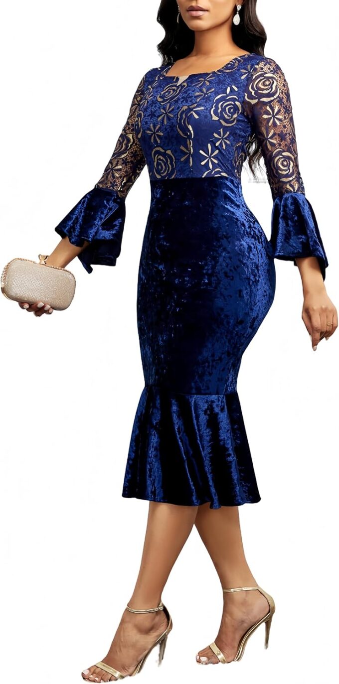 Midi Lace Dress for Women Sexy Bodycon Fishtail Dress Elegance Cocktail Party Banquet Church Outfits – Bild 7