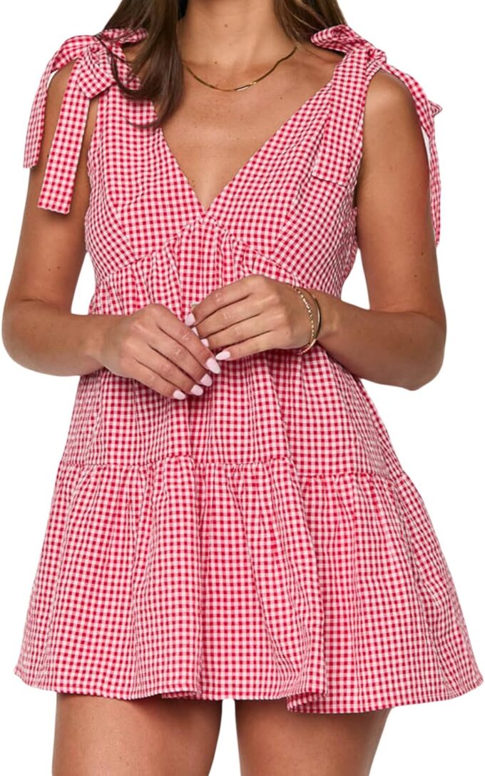 Women Plaid Cami Dress Spaghetti Strap Sleeveless V Neck Gingham Tiered Hem Backless Tie Up Flowy Mini Dresses