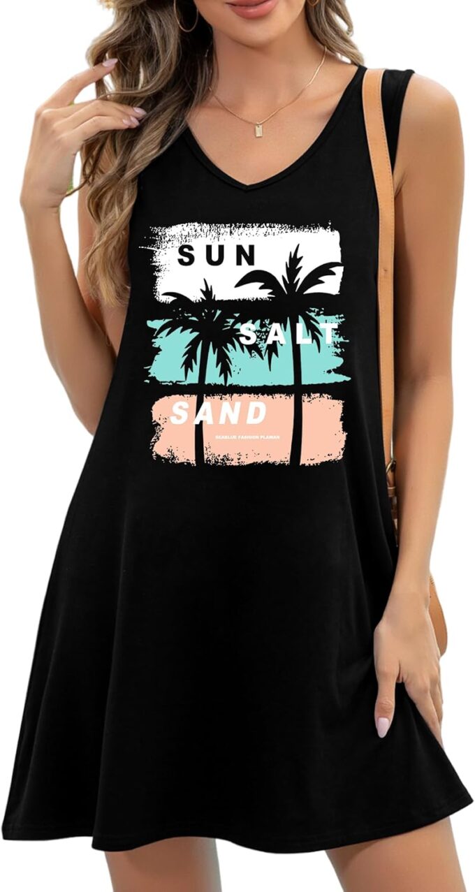 LAZYCHILD Summer Dresses for Women: Summer Sundress 2025 Boho Beach Dress Tree Shirts Tank Dress V Neck Casual Dresses – Bild 4