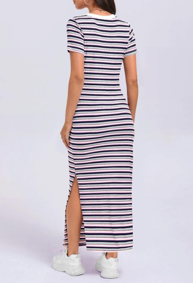 MEROKEETY Women's 2025 Summer Spring Striped Bodycon Maxi Dress Casual Short Sleeve Ribbed Knit Slit Long T Shirt Dresses – Bild 3