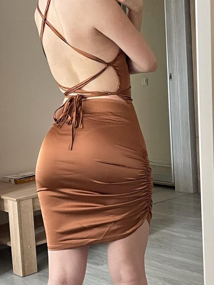 JUMISEE Women Satin Ruched Lace Up Bodycon Mini Dress Sexy Backless Spaghetti Strap Party Dress for Cocktail Clubwear – Bild 4