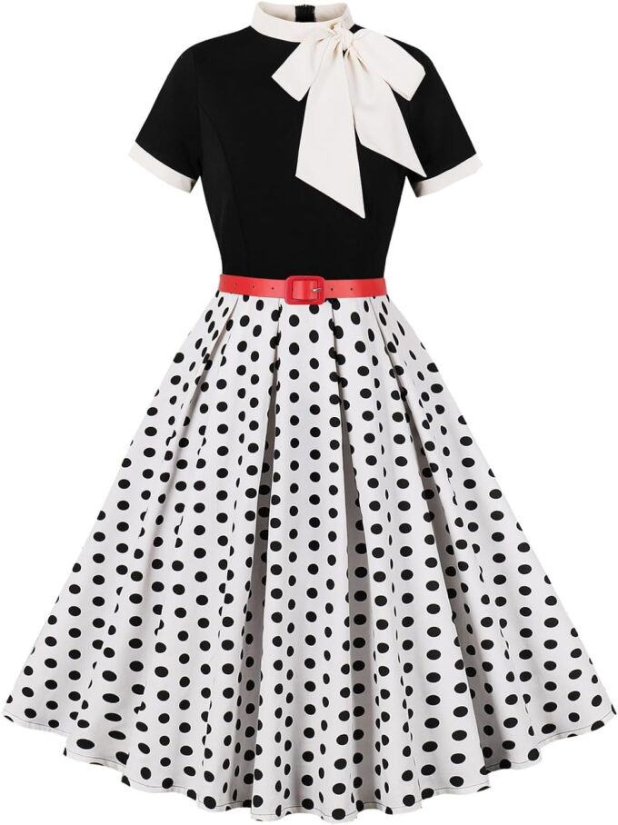 50s Style Dresses for Women Vintage Short Sleeve Tie Neck Swing Dress Midi Prom Dress with Belt