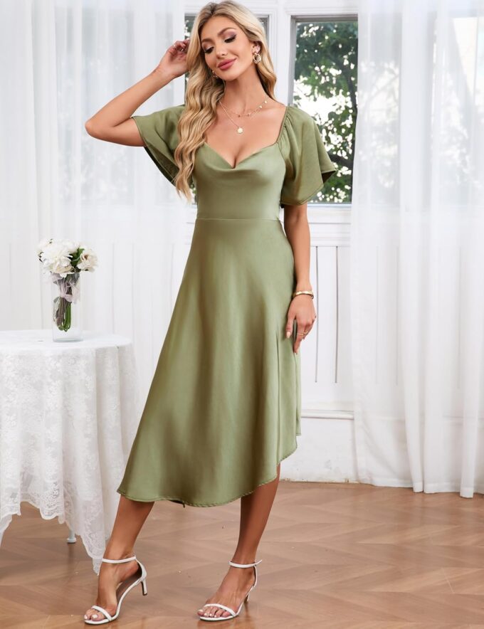 2025 Satin Cowl Neck Flutter Sleeve Midi Dress Silk Sexy Tie Back Asymmetrical Hemline Formal Long Dresses for Wedding Guest – Bild 4