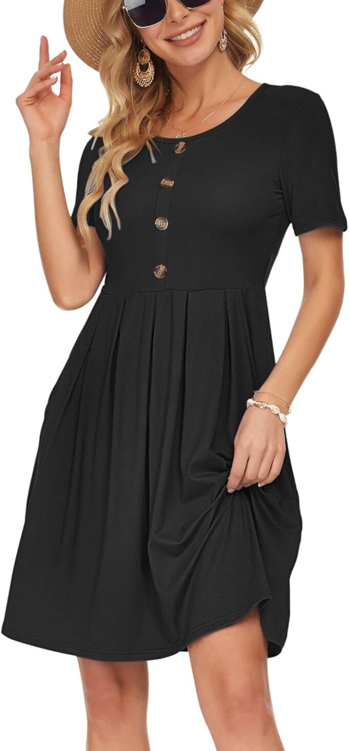 AUSELILY Women's Short Sleeve Summer Dress Pleated Button Down Knee Length Dresses with Pockets 2025 New – Bild 2