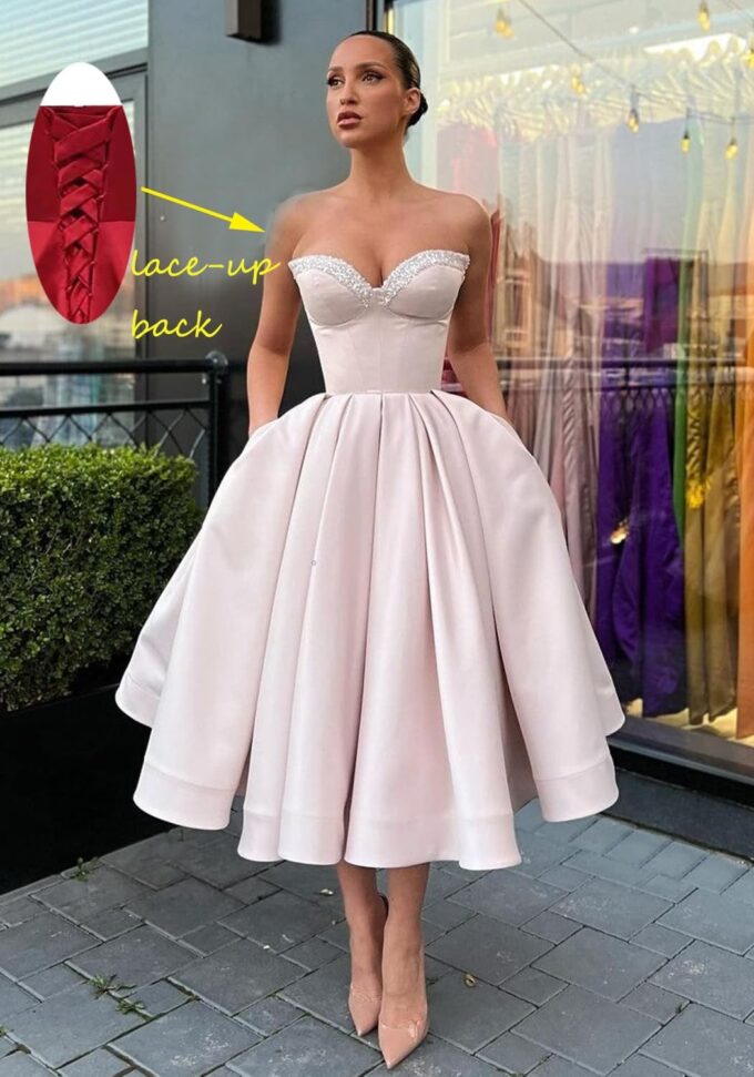 Women's Short Prom Dresses Ruched A-line Satin Sequins Tea Length Formal Evening Party Dress with Pockets – Bild 2