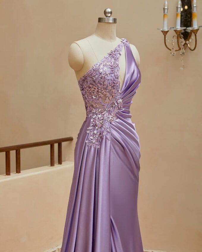 Womens One Shoulder Prom Dresses 2025 Elegant Mermaid Satin Ruched Formal Evening Dresses – Bild 6