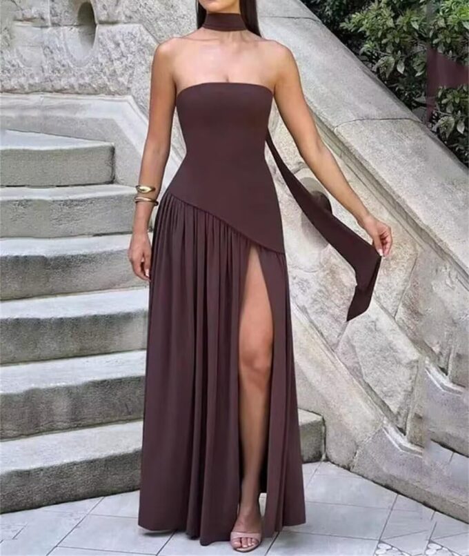 Strapless Bridesmaid Dresses with Scarf Long Maxi Dresses with Slit Satin Formal Evening Gowns PU285 – Bild 2