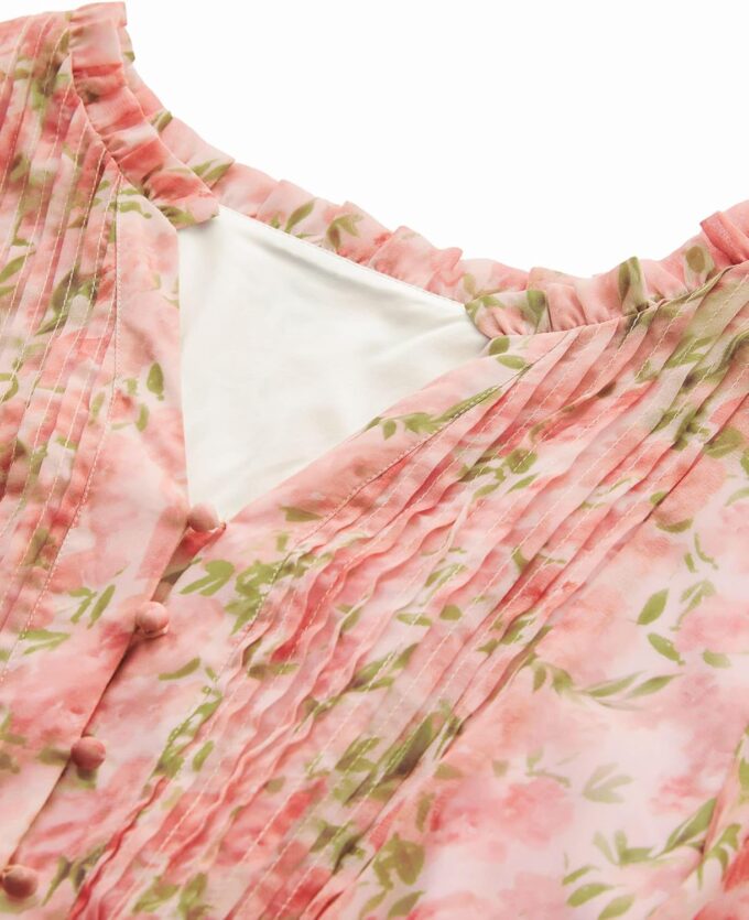 Plus Size Pink Floral Dress for Curvy Women V Neck Short Sleeves High Waisted Boho Midi Dress with Pockets – Bild 4