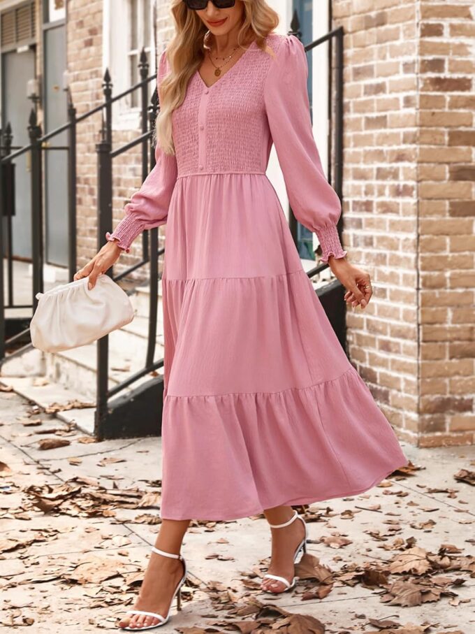 Kate Kasin Womens Long Sleeve Maxi Dress Spring Fall Dresses 2025 Trendy Smocked V Neck Modest Wedding Guest Dress & Pockets – Bild 6