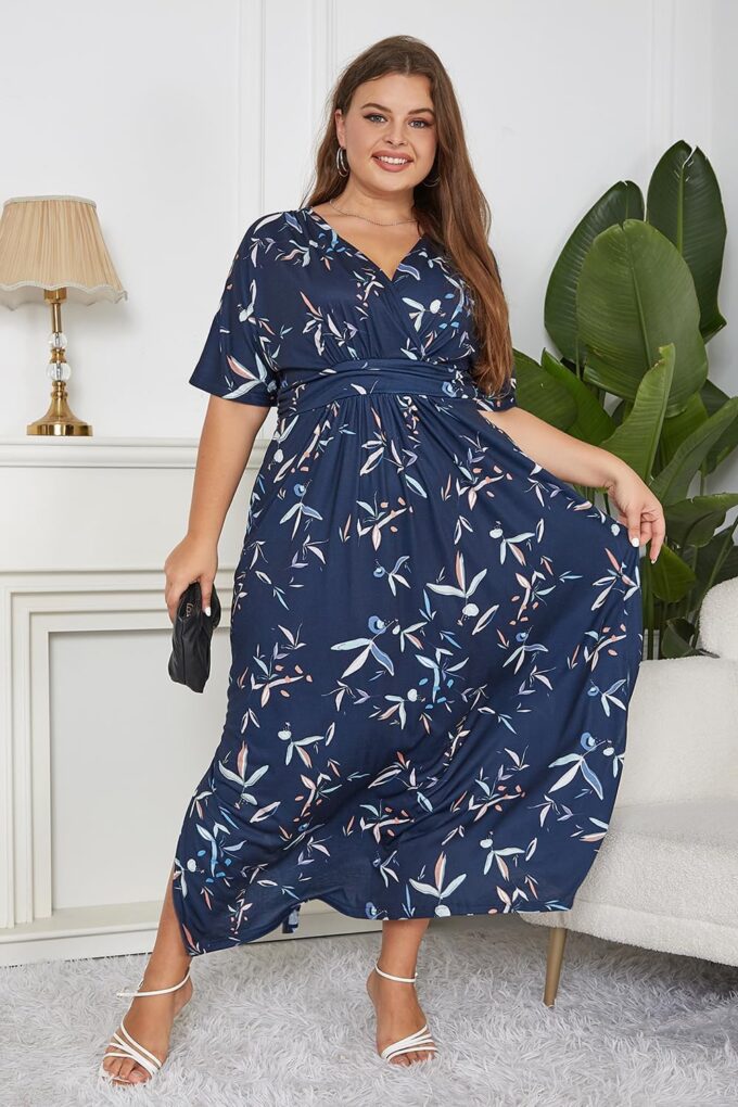Keluummi Plus Size Wedding Guest Maxi Dress for Curvy Women, Summer Casual Floral Empire Waist 3/4 Sleeve Long Cocktail Dress – Bild 5