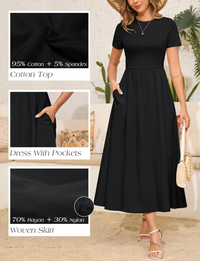 Annebouti Womens 2025 Summer Spring Maxi Dress Trendy Elegant Short Sleeve Cotton Top Casual Long Dress with Pockets – Bild 4