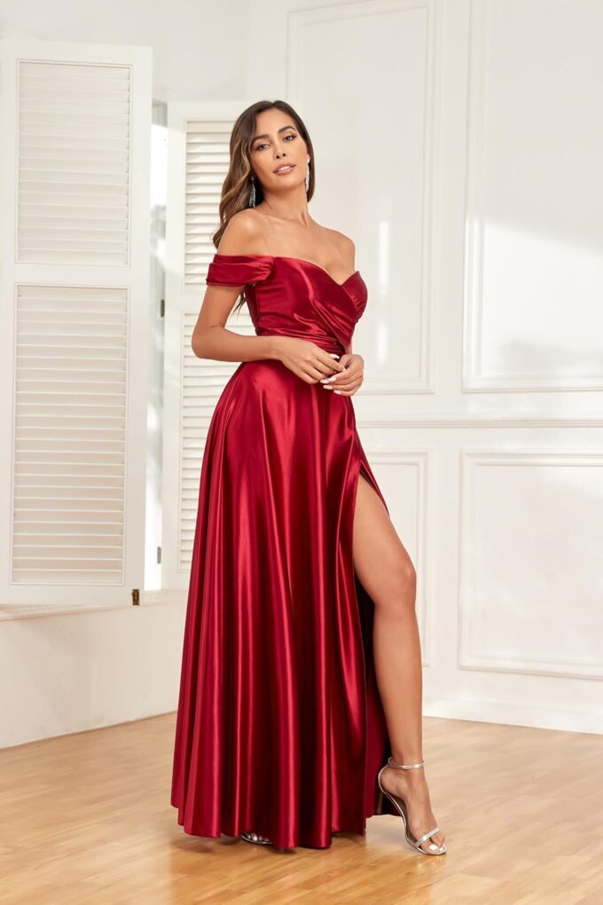 Off The Shoulder Bridesmaid Dresses Satin Prom Dress A Line Split Evening Party Dress for Women HS011 – Bild 6