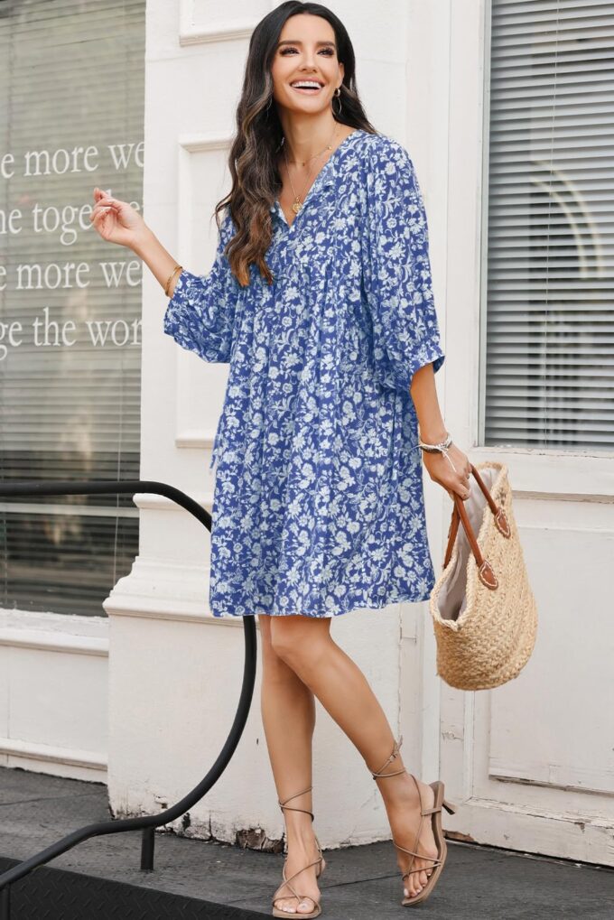 Dokotoo Womens Summer Dresses 2025 Boho Floral Drawstring V Neck Chiffon Lantern Sleeve Beach Vacation Mini Dress Sundress – Bild 5