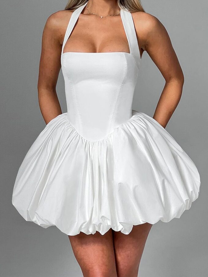 Women's Sleeveless Halter Corset Mini Dress Tie Up Backless Bubble Party Dress for Beach Club Streetwear – Bild 2