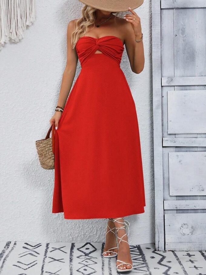 SKAYS Womens Strapless Twist Knot Midi Dress Cutout A-line Tube Summer Cocktail Party Dress with Back Smock – Bild 5