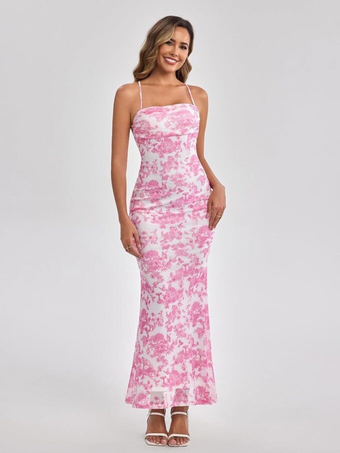 Women's Summer Floral Maxi Dress Square Neck Mesh Ruched Bodycon Formal Wedding Guest Long Dresses – Bild 2
