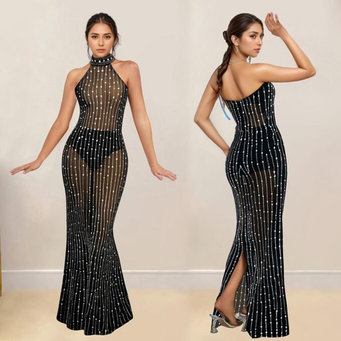 PORRCEY Women Sexy Elegant Rhinestone Mesh See Through Evening Dresses Party Club Night Clubwear – Bild 3