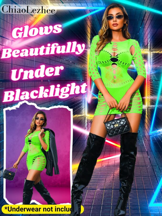 Rave Glow Party Outfits, Sheer Mesh Mini Dress, Size Fits 0-12 – Bild 4