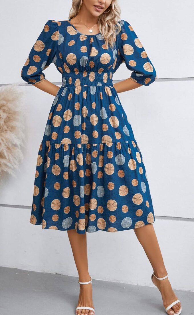 Kormei Women Casual Boho Floral Round Neck 3/4 Sleeve Smocked Waist Tiered A Line Flowy Swing Midi Dress Long Dresses – Bild 4