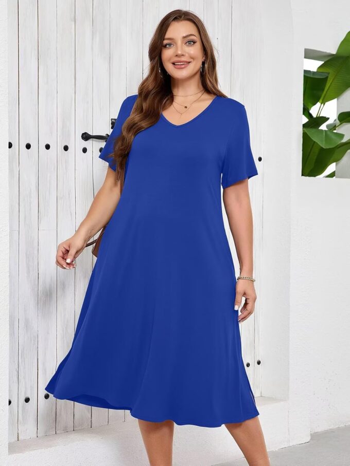 BELAROI Women Plus Size Dresses Summer Casual Loose Midi Tshirt Dress V Neck Short Sleeve Sundress Beach Cover Ups Pockets – Bild 3