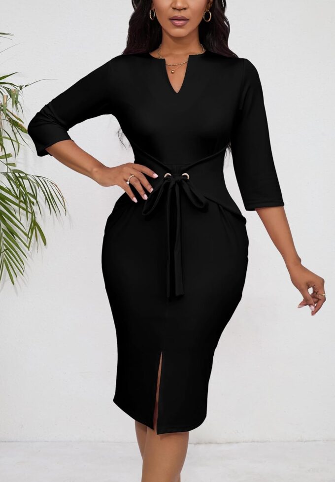 FANDEE Damen Vintage Kleider 3/4 Ärmel V-Ausschnitt Bodycon Bleistift Midi Arbeit Kirche Kleid mit Gürtel – Bild 3