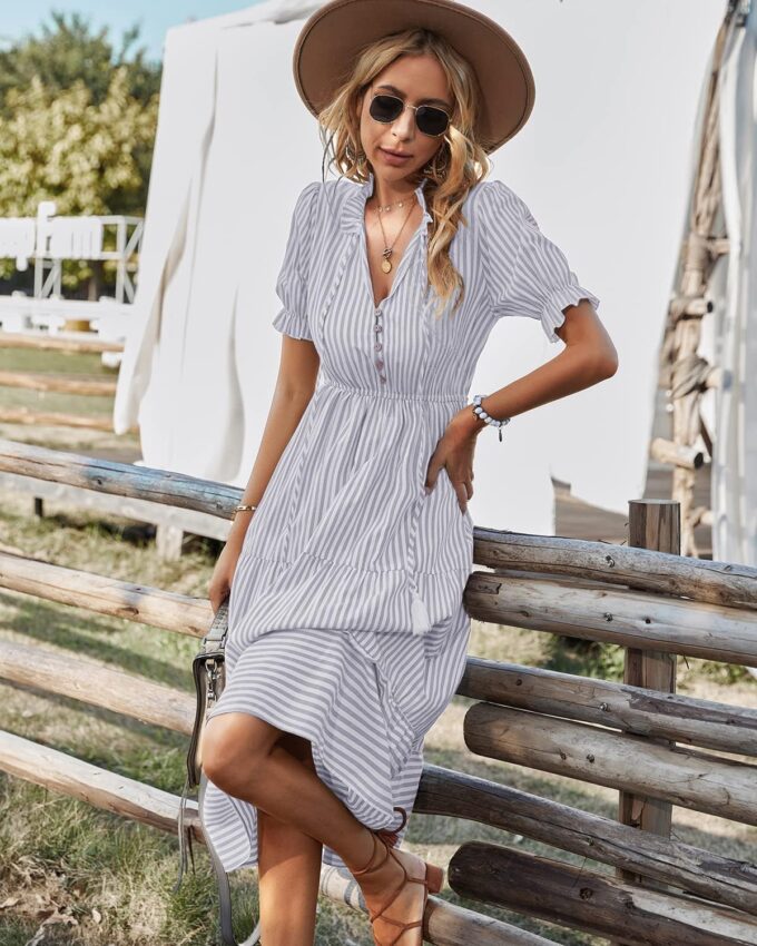 Sexyasasii Women's Summer Ruffle Puff Sleeve Dress Short Sleeve V Neck High Waist Casual Loose Striped Midi Dresses – Bild 5