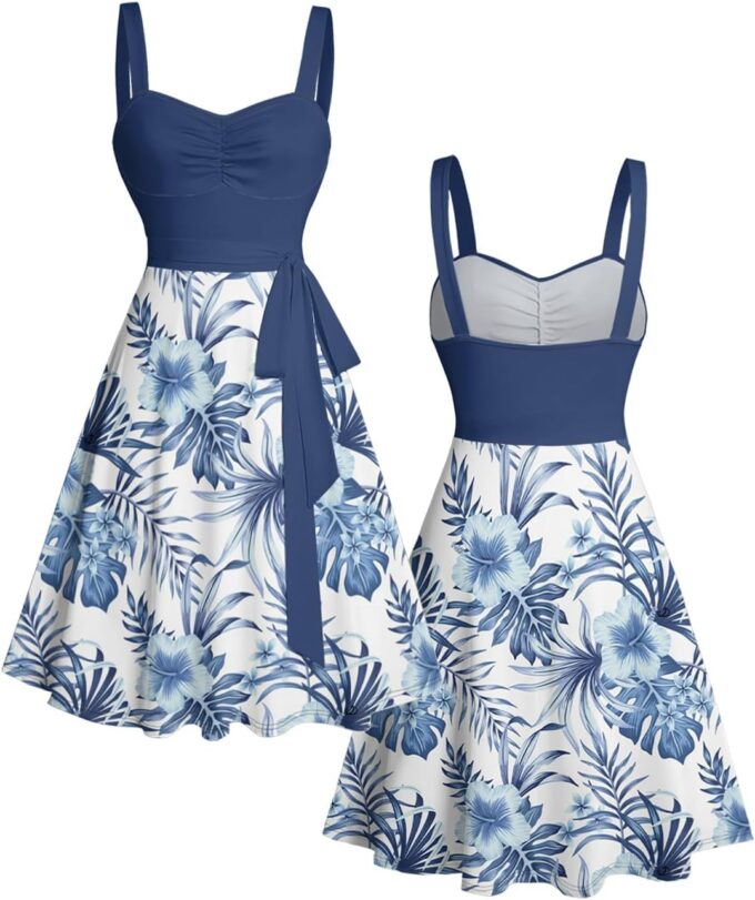 DRESSFO Matchable Couples' Hawaiian Outfit Floral Print Men's Shirt Or Women's Belted Mini Dress – Bild 4
