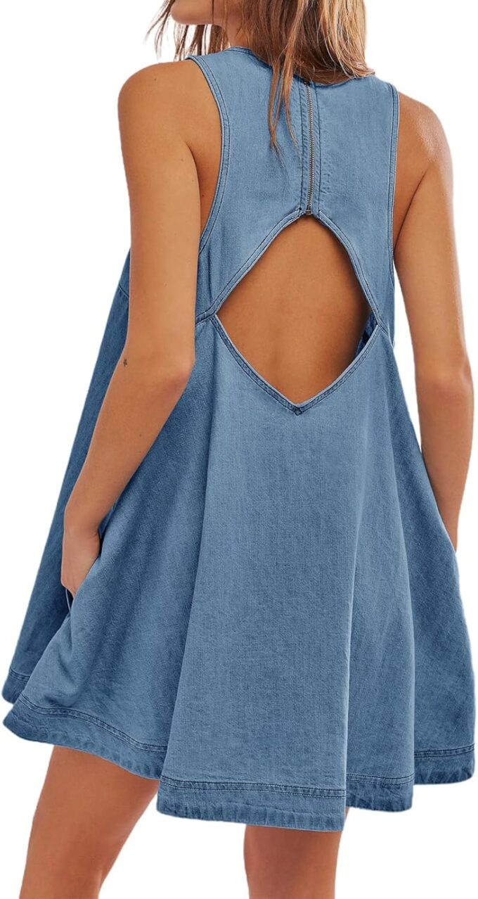 Women's Sleeveless Casual Denim Dress Crewneck Vintage Babydoll Jean Mini Dresses with Pockets