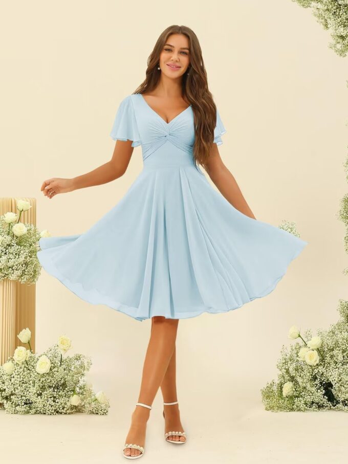 Miao Duo V Neck Short Dusty Blue Bridesmaid Dresses with Pockets Short Ruched Flutter Sleeves Chiffon Formal Dresses for Wedding 8 – Bild 4