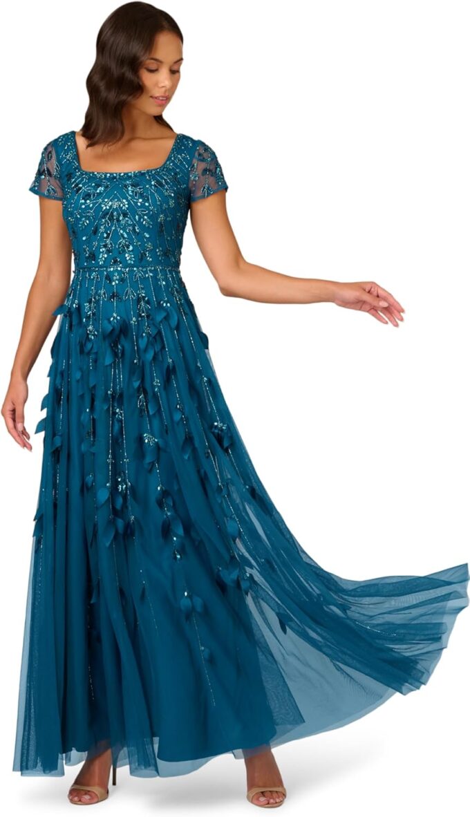 Adrianna Papell Women's Bead 3D Petal Long Dress