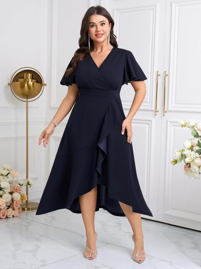 SCOMCHIC Plus Size Formal Dresses for Women Wedding Guest V Neck Wrap Ruffle Split Cocktail Party Evening Gowns Dress – Bild 7