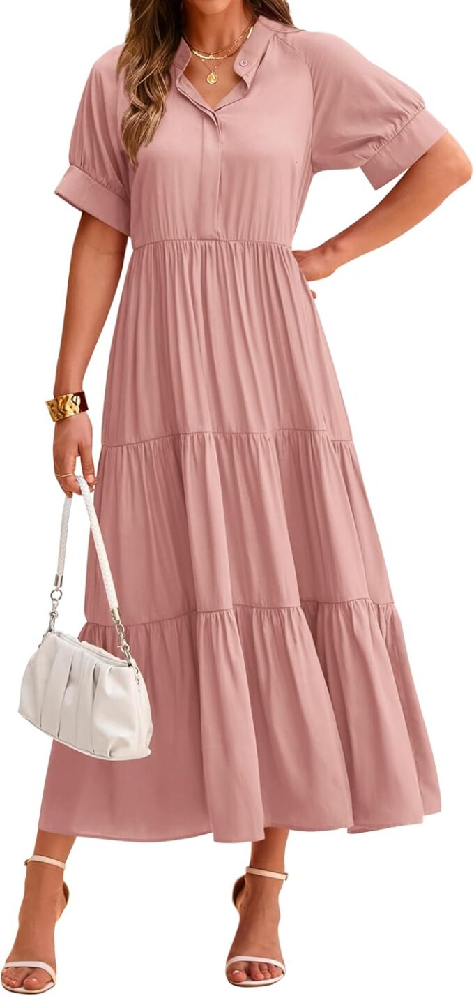 dowerme Women's Summer Dresses 2025 Casual Short Sleeve Button Loose Fit Pleated Boho Flowy Swing Long Beach Sun Dress