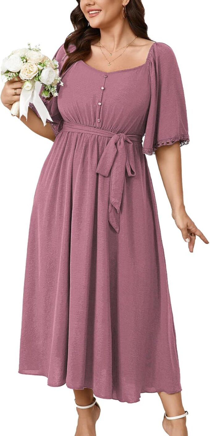 SCOMCHIC Women's Plus Size Formal Maxi Dress Summer Sweetheart Neckline 3/4 Sleeve A Line Flowy Wedding Guest Cocktail Dress