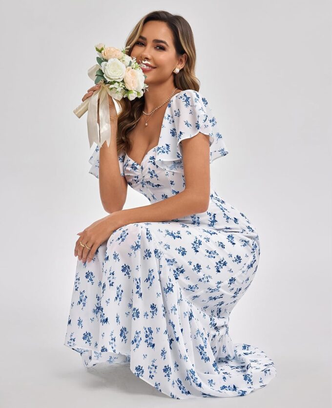 GLNEGE Women's 2025 Summer Midi Floral Boho Dresses Casual Flowy Beach Short Sleeve Dress Ruffle Hem Smocked Sundresses – Bild 4