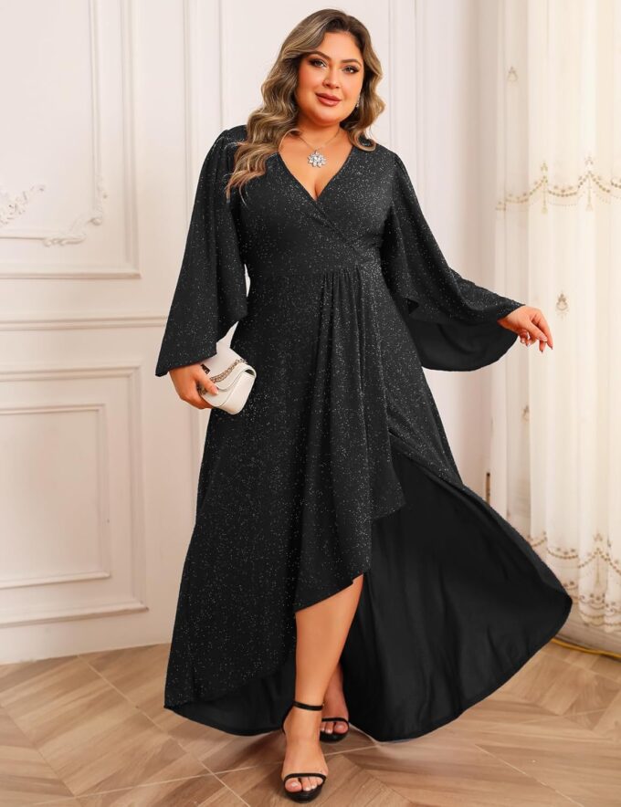 ZOMVA Plus Size 0X-4X Sparkly Glitter Formal Maxi A Line Dress Sparkle Wrap Handkerchief Sleeve Prom Cocktail Evening Gown – Bild 5