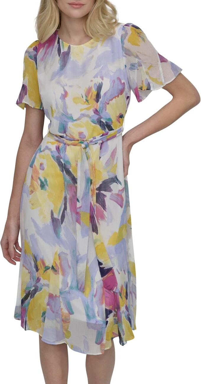 DKNY Women's Flutter Sleeve V-Neck Dress