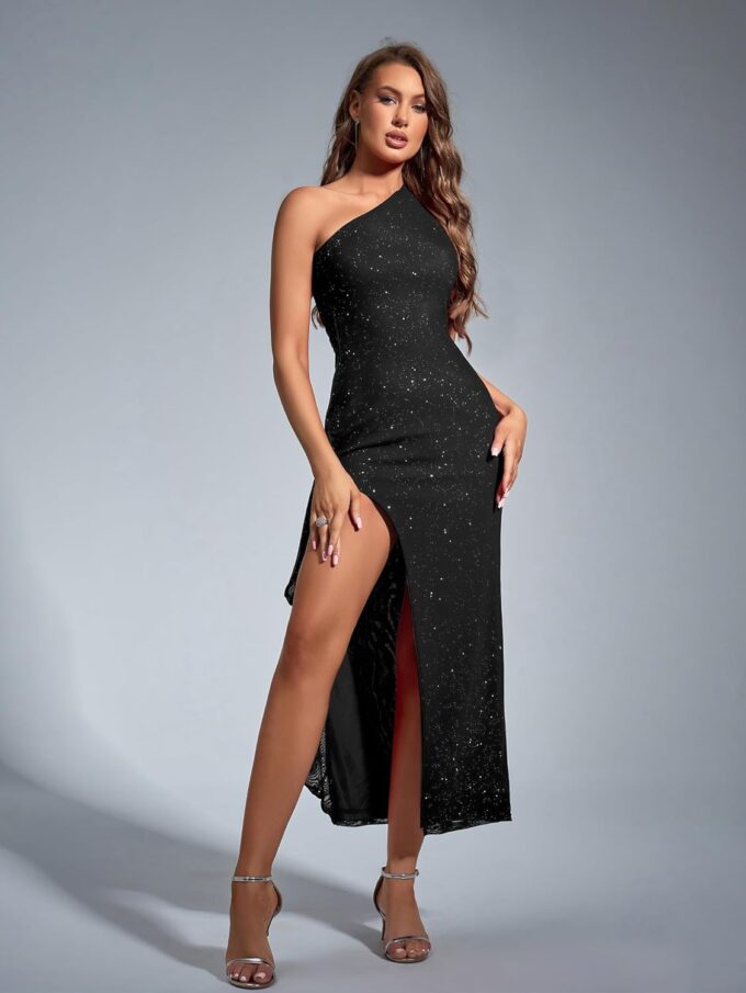 Parthea Women's Elegant One Shoulder Long Formal Sparkly Dresses Sequin High Split Evening Wedding Guest Party Maxi Dress – Bild 3