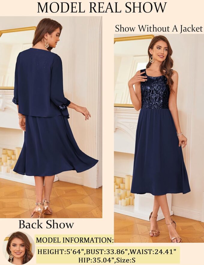 GRACE KARIN Wedding Guest Dress Mother of The Bride Dresses Two Piece Formal Sequin Dress with Jacket Tea Length 2025 – Bild 3