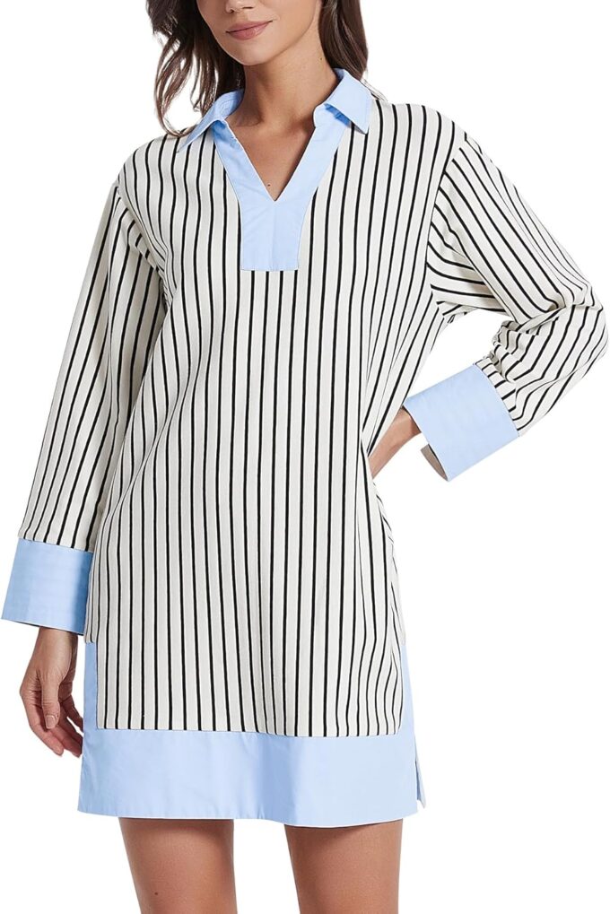 Kedera Women's Summer Striped Dress Long Sleeve V Neck Collared Shirt Mini Dresses 2025 Trendy with Side Slit