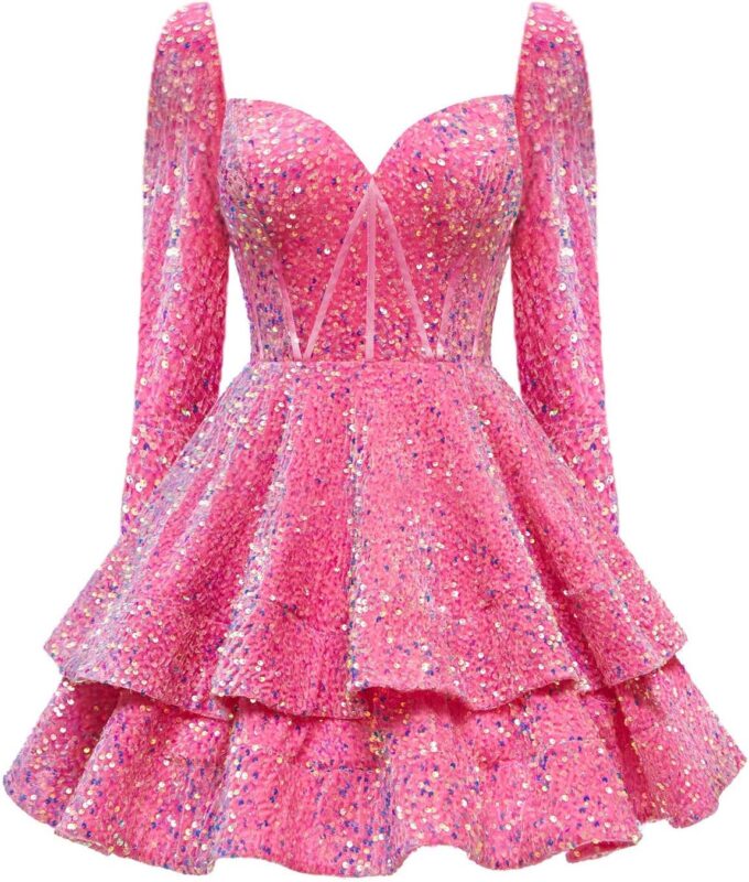 OFEECHUN Women's Long Sleeve Sequin Homecoming Dress Short Layered Sparkly Cocktail Prom Gowns