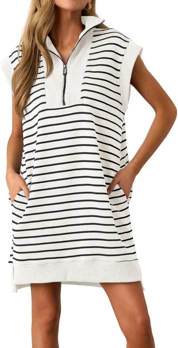 Wenrine Womens Striped Mini Dress Casual Zipper Cap Sleeve Collared V Neck Loose Knit Summer Dresses