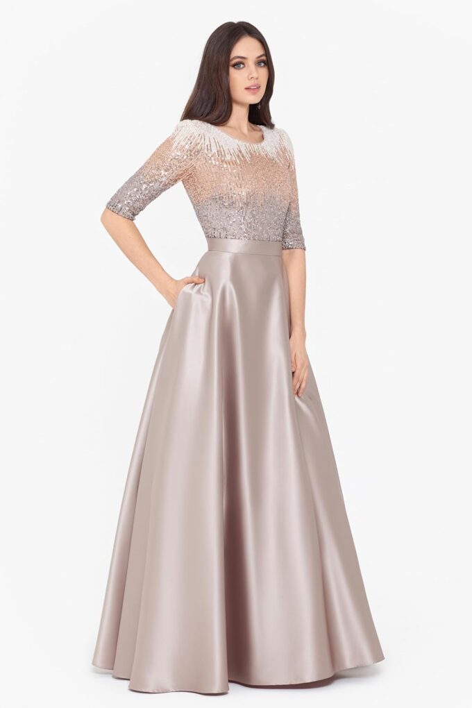 Betsy & Adam Women's Sequin Embellished Satin Ball Gown with 3/4 Sleeves and Center Back Zipper – Bild 2